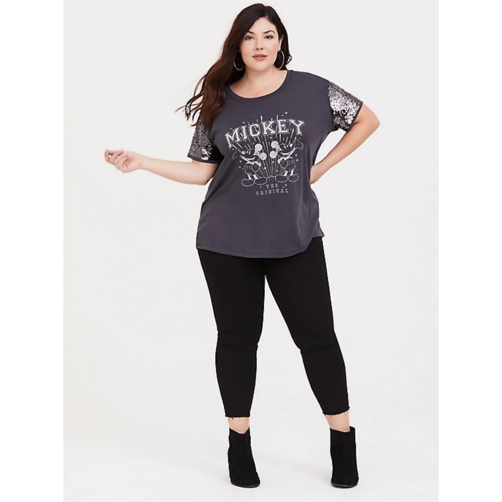 NWTS Torrid Disney Mickey's 90th Anniversary Grey Sequin Short Sleeve Crew Tee